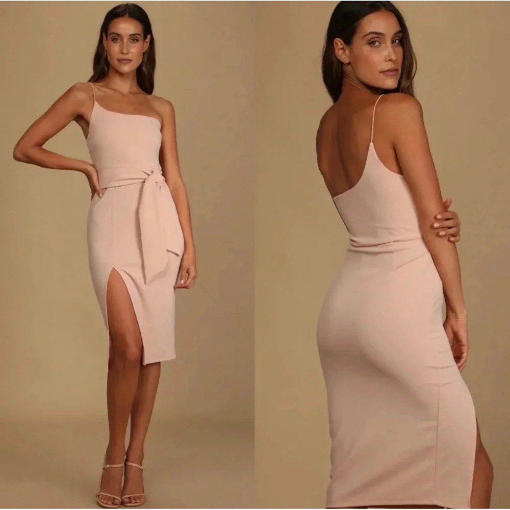 Lulus Blush Pink One Shoulder Midi Dress Tie Waist Side Slit Small NWT